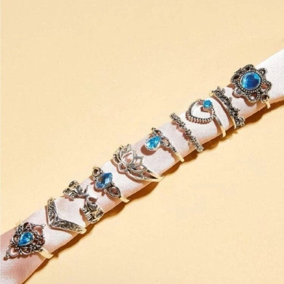 Silver & Blue 3/$30 Lotus Rhinestone 10pc Ring Set - Picture 1 of 2